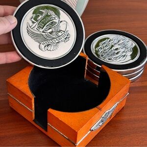 Harley-Davidson Black and Silver Coaster Set with Orange Holder